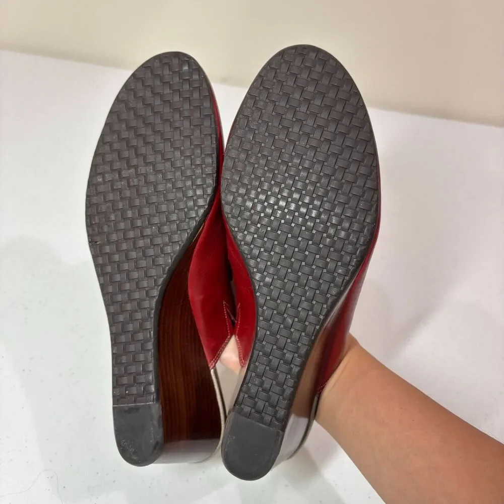 Cole Haan Red Leather Wedge Clogs Mules Shoes Womens 9B Braid Western Boho